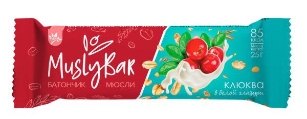 Изображение товара Батончик мюсли MuslyBar Клюква в белой глазури 25г Батончик мюсли MuslyBar Клюква в белой глазури 25г фотография